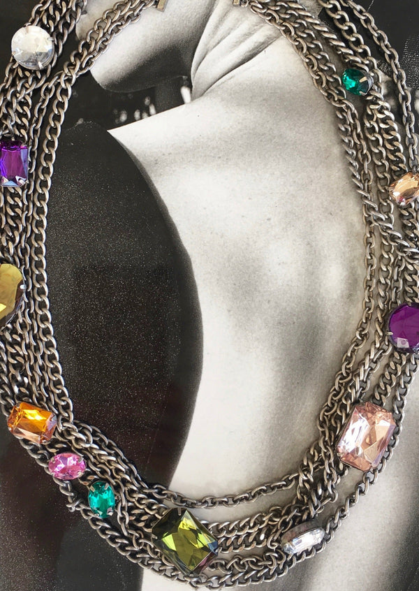 NECKLACE gunmetal chain statement necklace with large mutli coloured crystals
