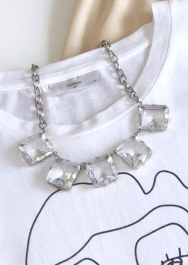 NECKLACE silver chain necklace w/ 5 large square clear stones w/ beveled edge, 10" long + 2.5" extender