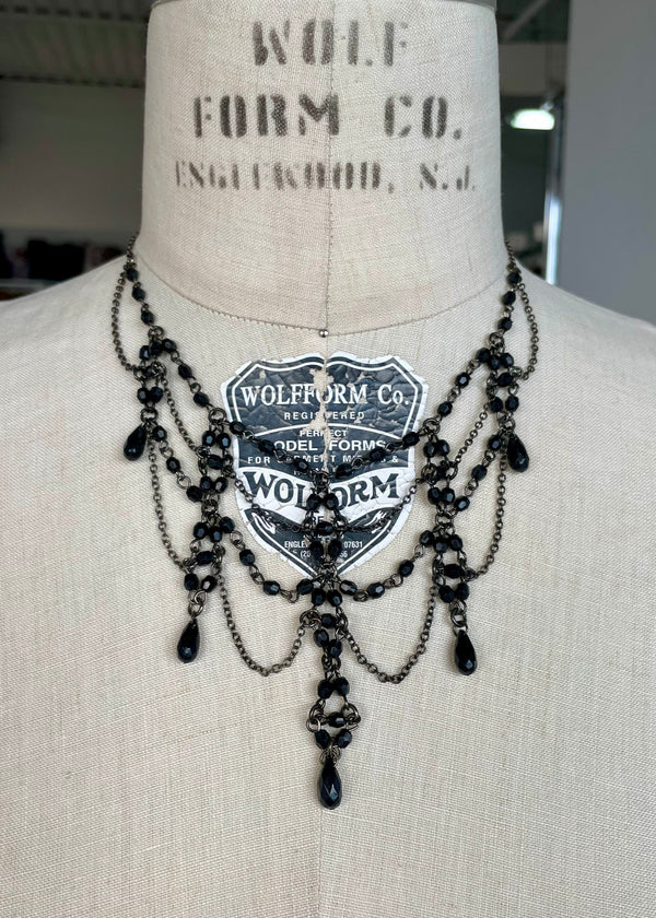 NECKLACE Victorian style jet bead & gunmetal chain collar necklace w/ 5 tear drop beads