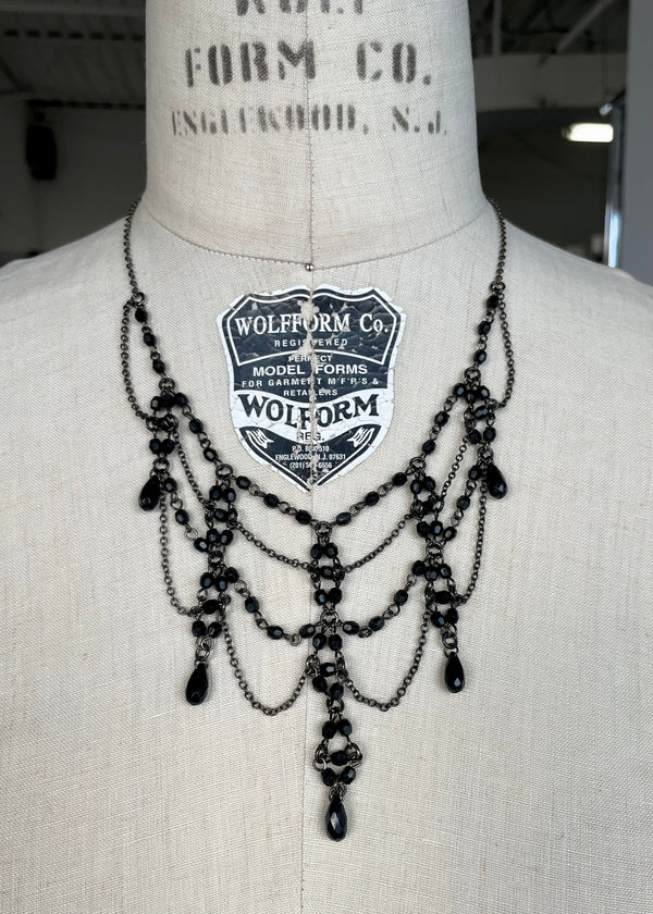 NECKLACE Victorian style jet bead & gunmetal chain collar necklace w/ 5 tear drop beads