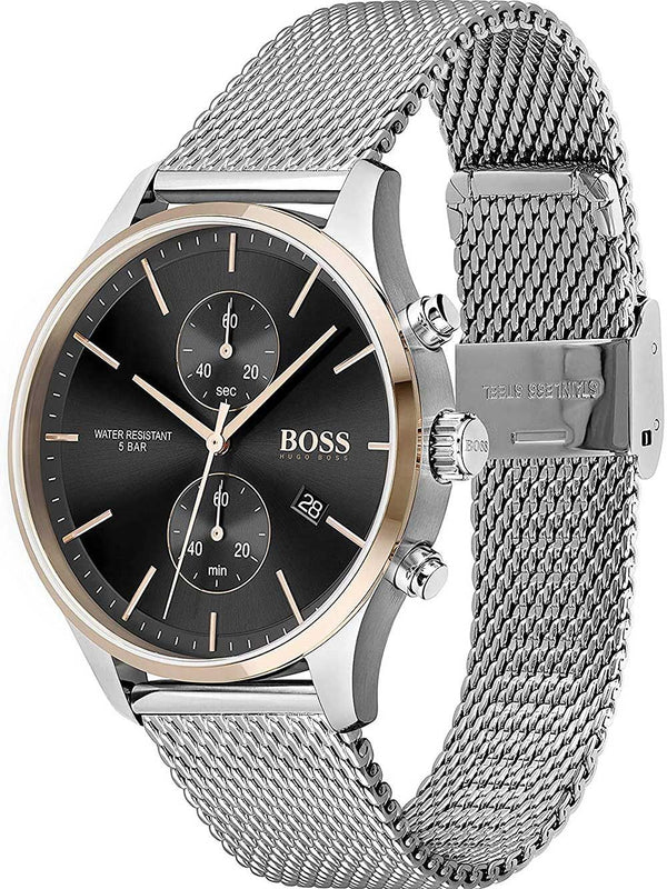 HUGO BOSS silver “Associate Chronograph” gunmetal face mesh strap watch, 42mm