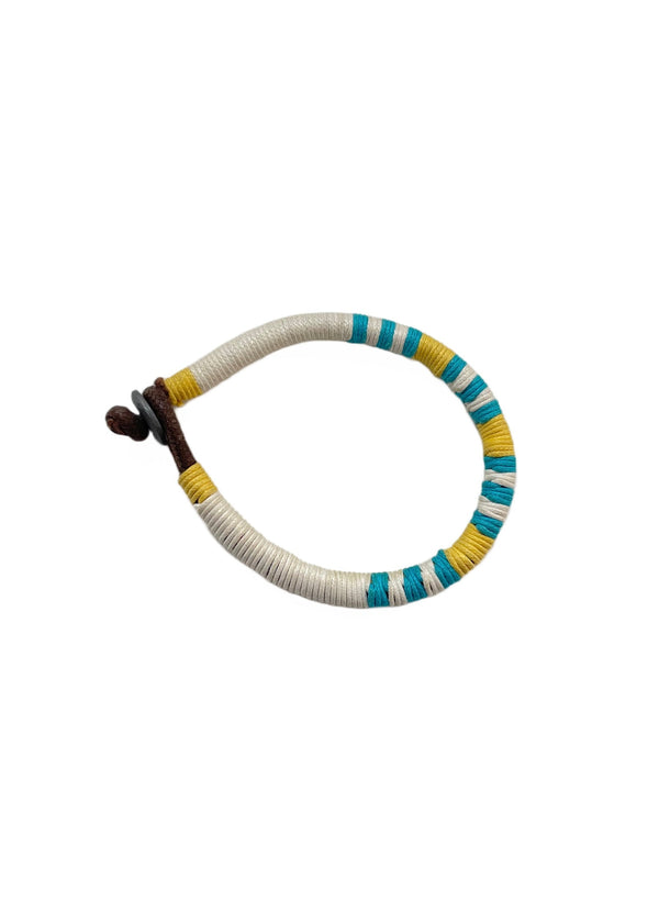 BRACELET white/yellow/blue wrapped cord bracelet w/ button closure