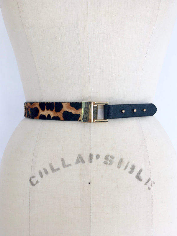 BCBG Women's black and cheetah print belt with gold details, S