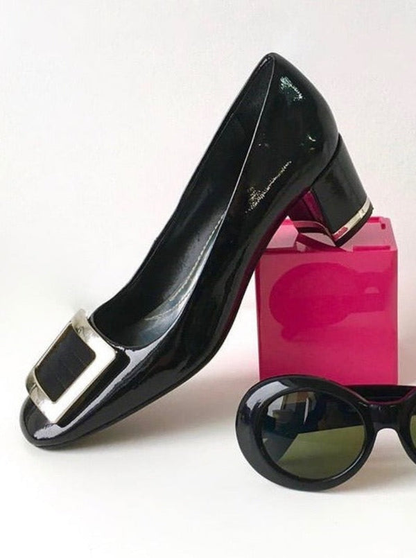 FRANCO SARTO black patent square toe block heel w/ silver buckle, 6.5