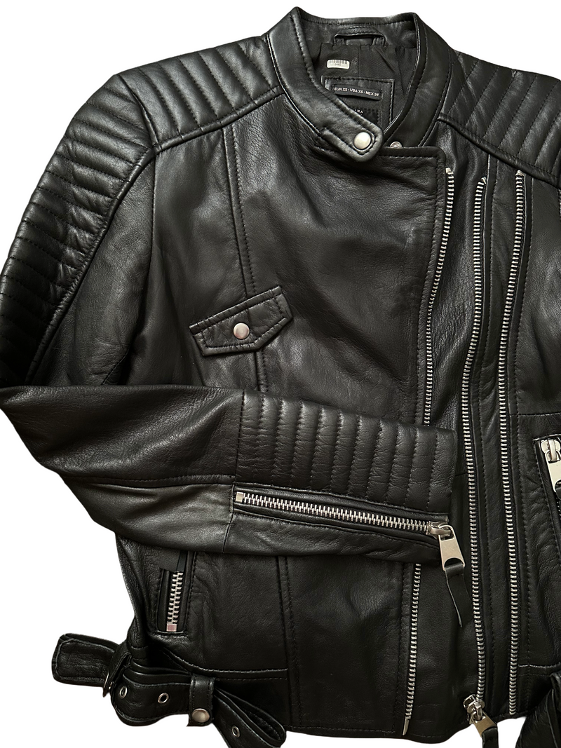 ZARA TRAFALUC Women's black leather moto jacket, XS