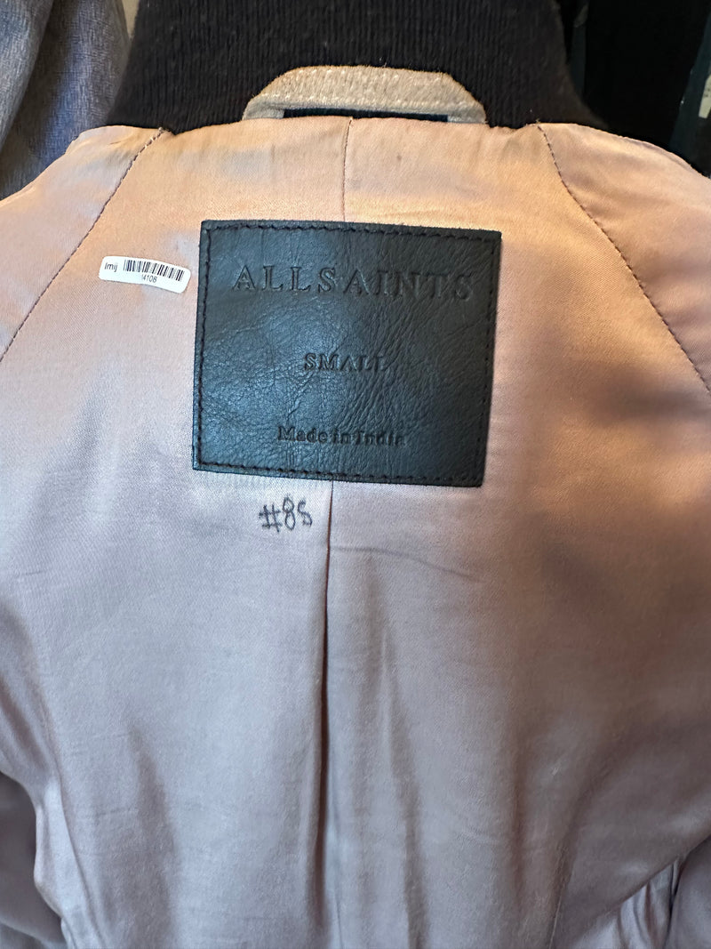 ALL SAINTS Women’s taupe suede & satin panels bomber jacket, S