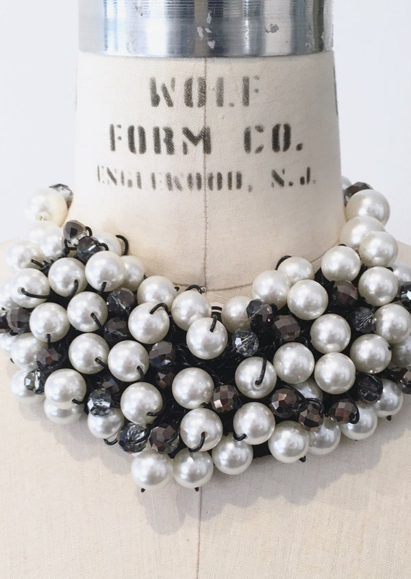 C63 pearl & grey woven beaded collar necklace