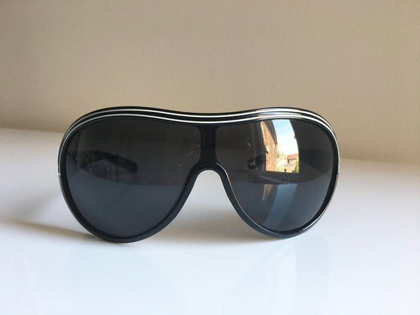 SUNGLASSES retro inspired black shield sunglasses w/ white stripes