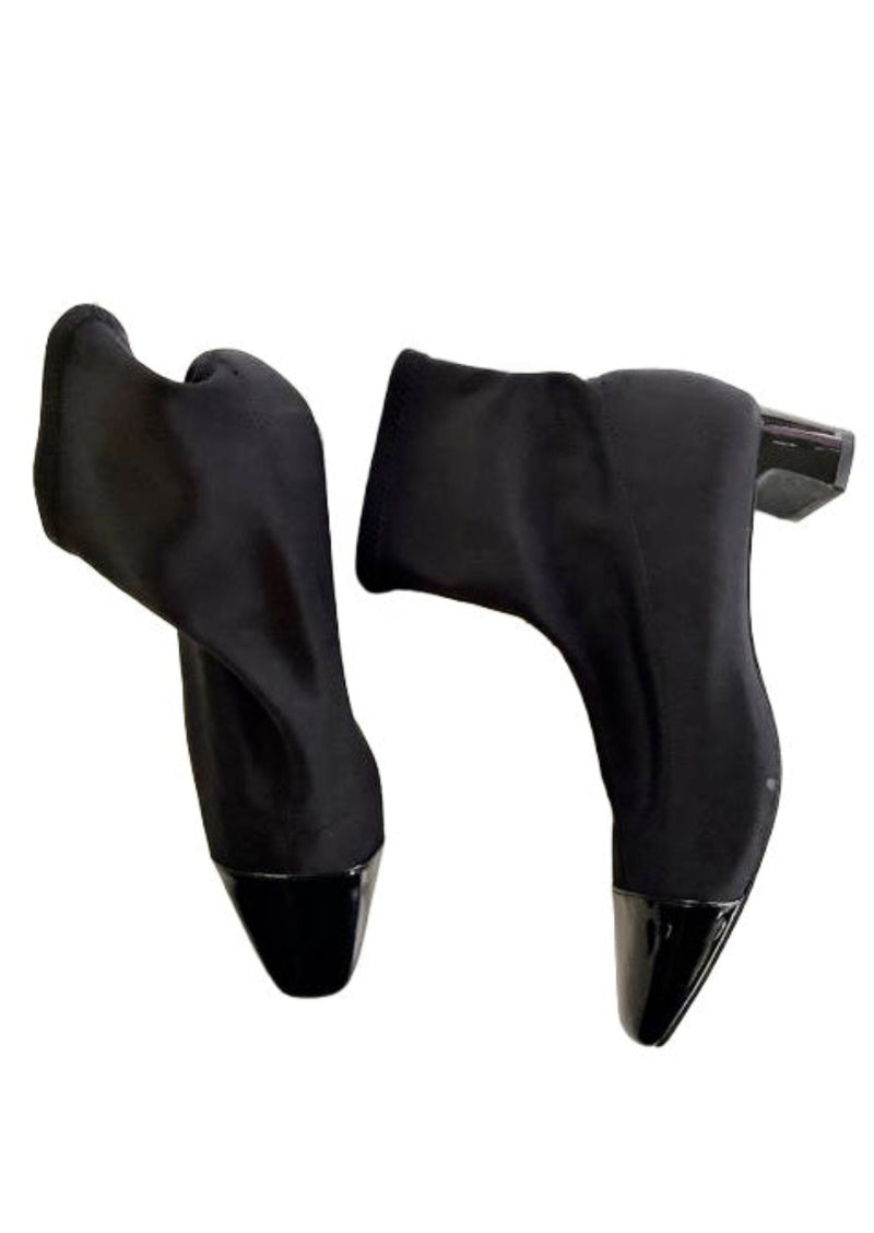 ZARA Women's black stretch ankle boot w/ patent cap squared tapered toe, 6.5