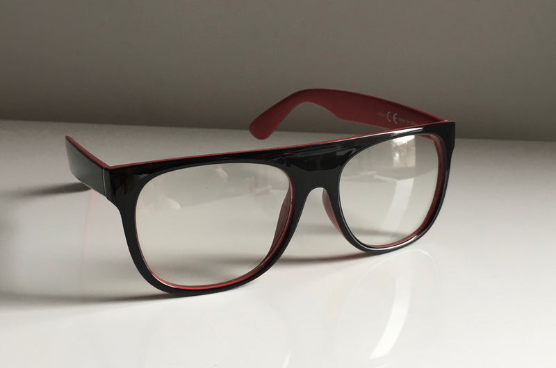 PHILLY black flat top chunky glasses w/ red inside & anti reflective lens