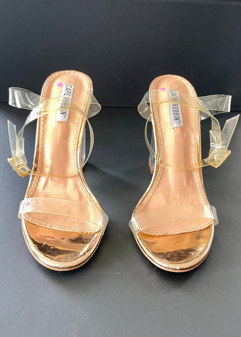 CAPE ROBBIN Women's clear strappy block heel sandals w/ rose gold insole, 6.5