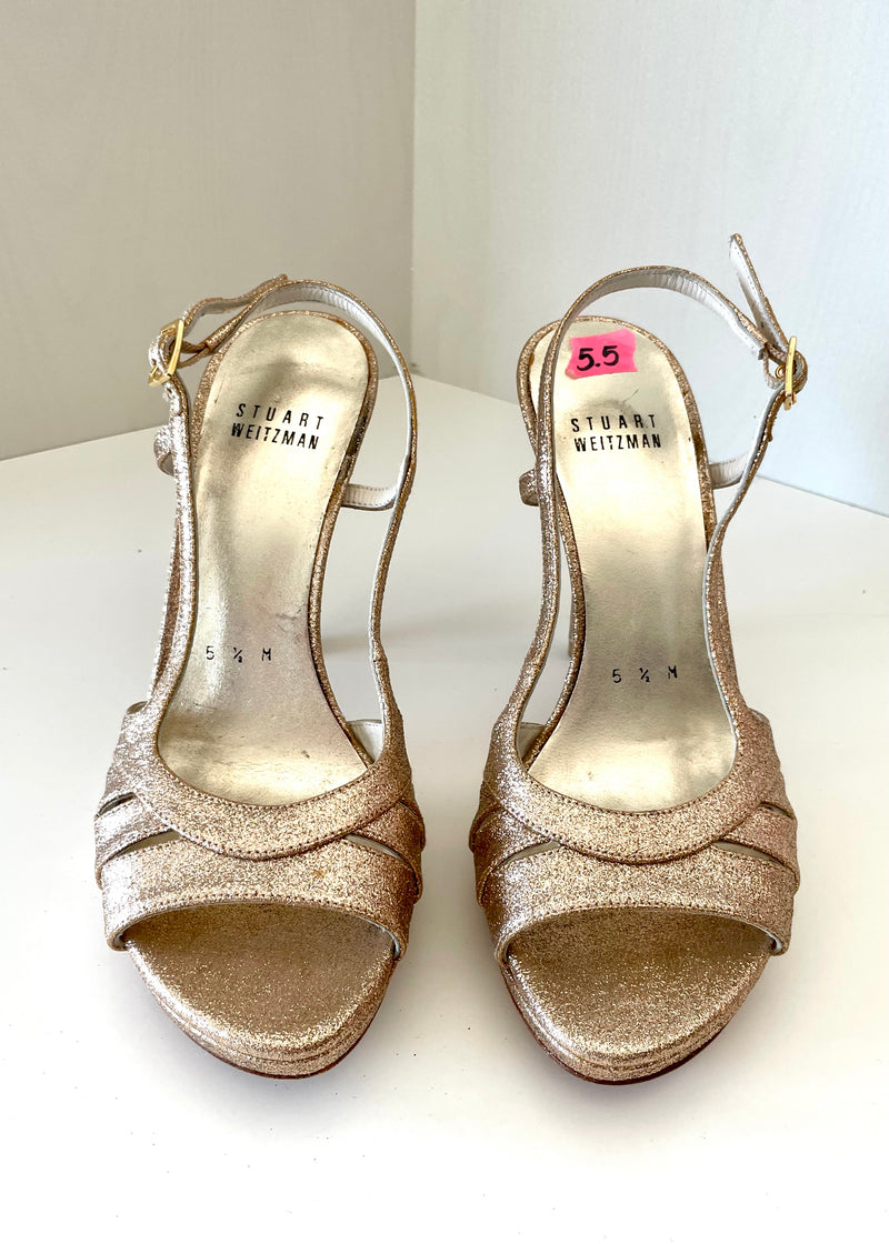 STUART WEITZMAN Women's gold glitter platform stiletto sandals, 5.5