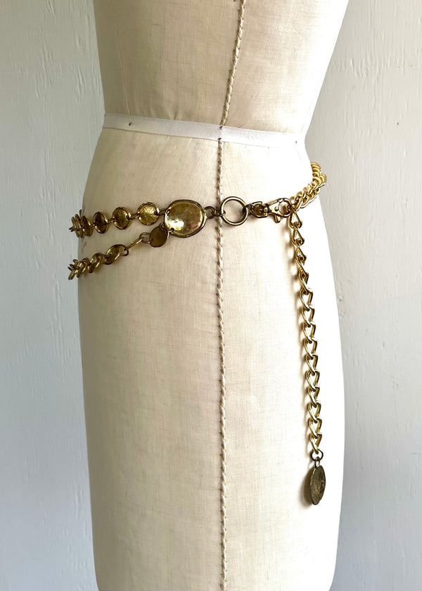 BELT Women's antiqued gold double row hammered coin chain belt