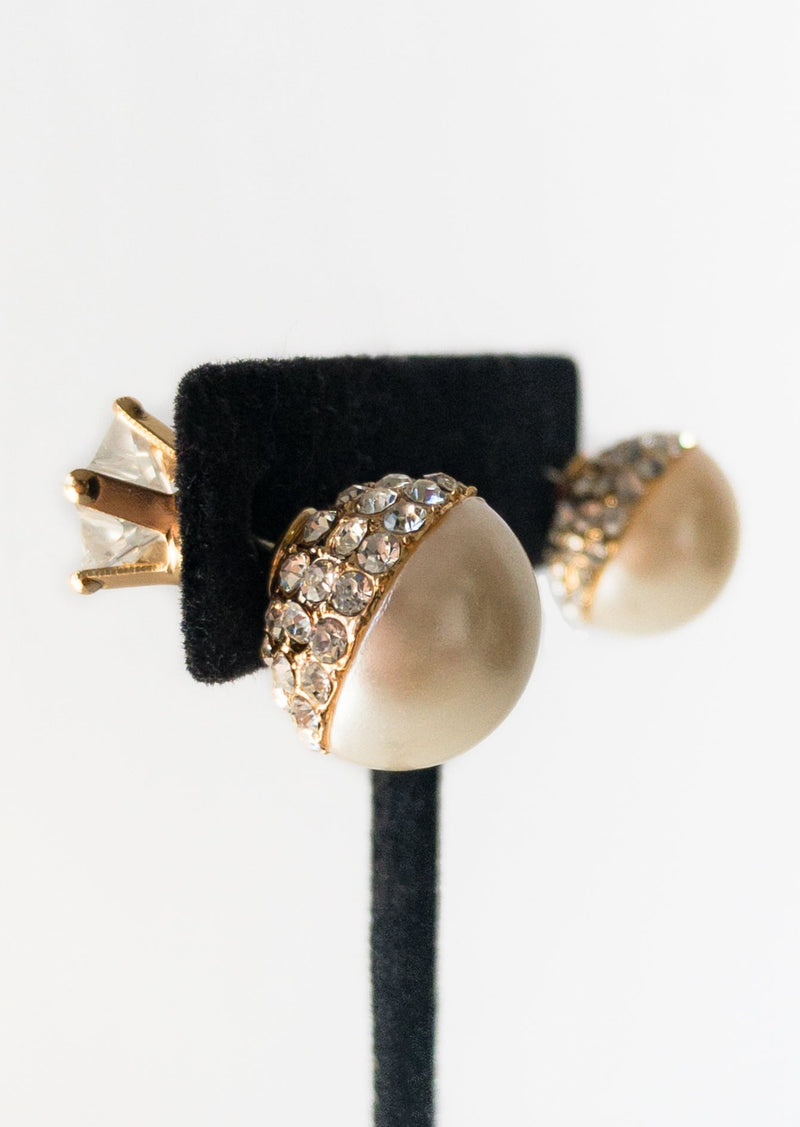 EARRINGS gold large pearl front w/ star crystal in crown backing stud earrings