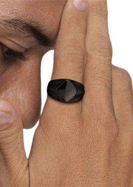 SKELETON HD matte black steel stainless diamond shape signet ring, size 8