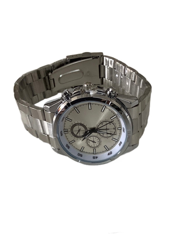 WATCH silver stainless steel watch w/ light gold face & 3 dials