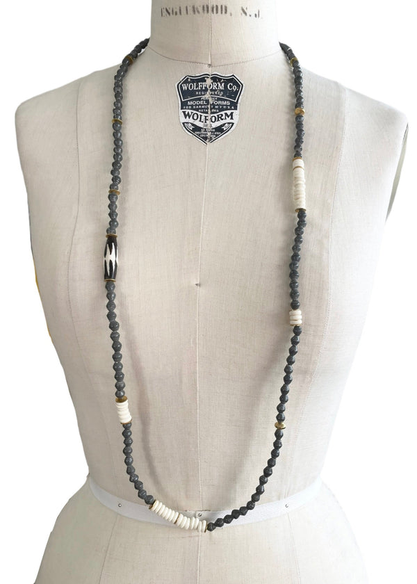 NECKLACE African grey wrapped paper, cream bone & gold bead long strand necklace, 21" long