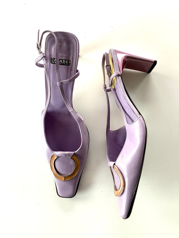 12931: CASADEI W lavender slingback heels pointy toe 3" metallic heel