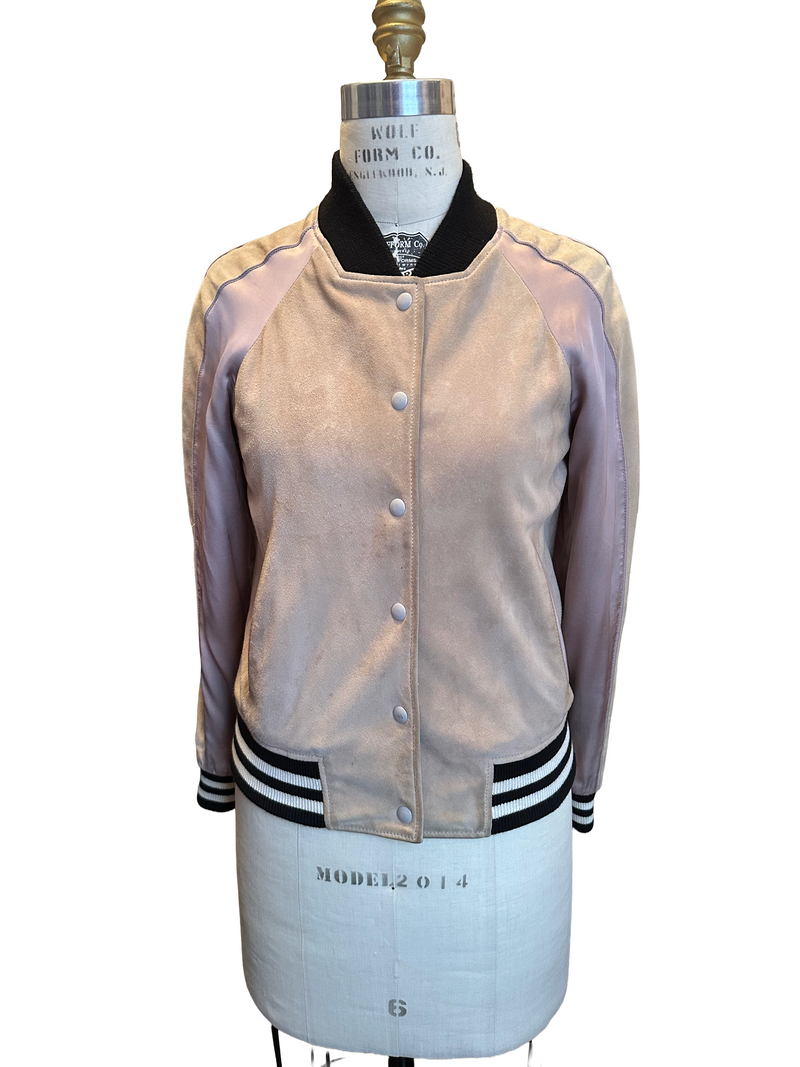 ALL SAINTS Women’s taupe suede & satin panels bomber jacket, S