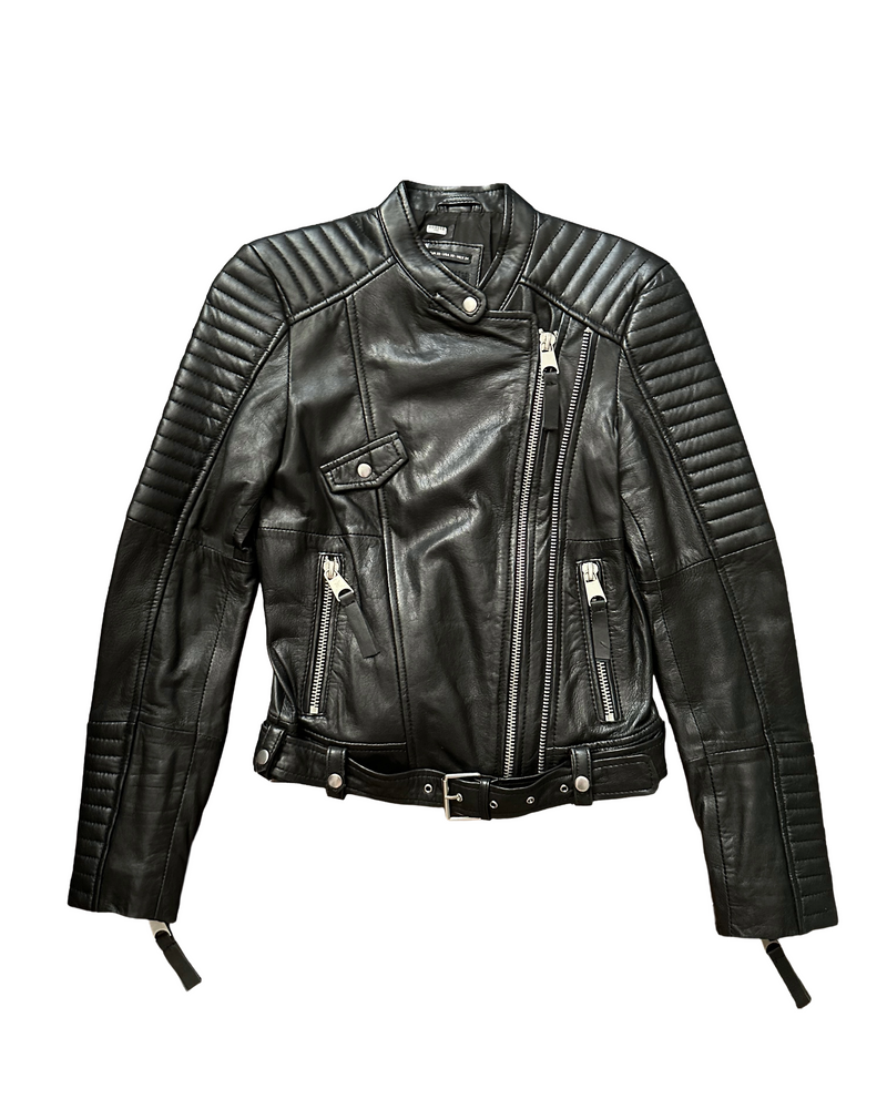 ZARA TRAFALUC Women's black leather moto jacket, XS