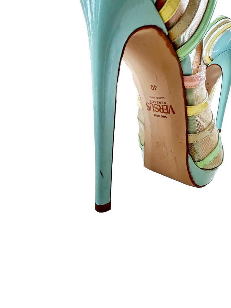 VERSUS Women's pastel patent & nude mesh stilettos, 10