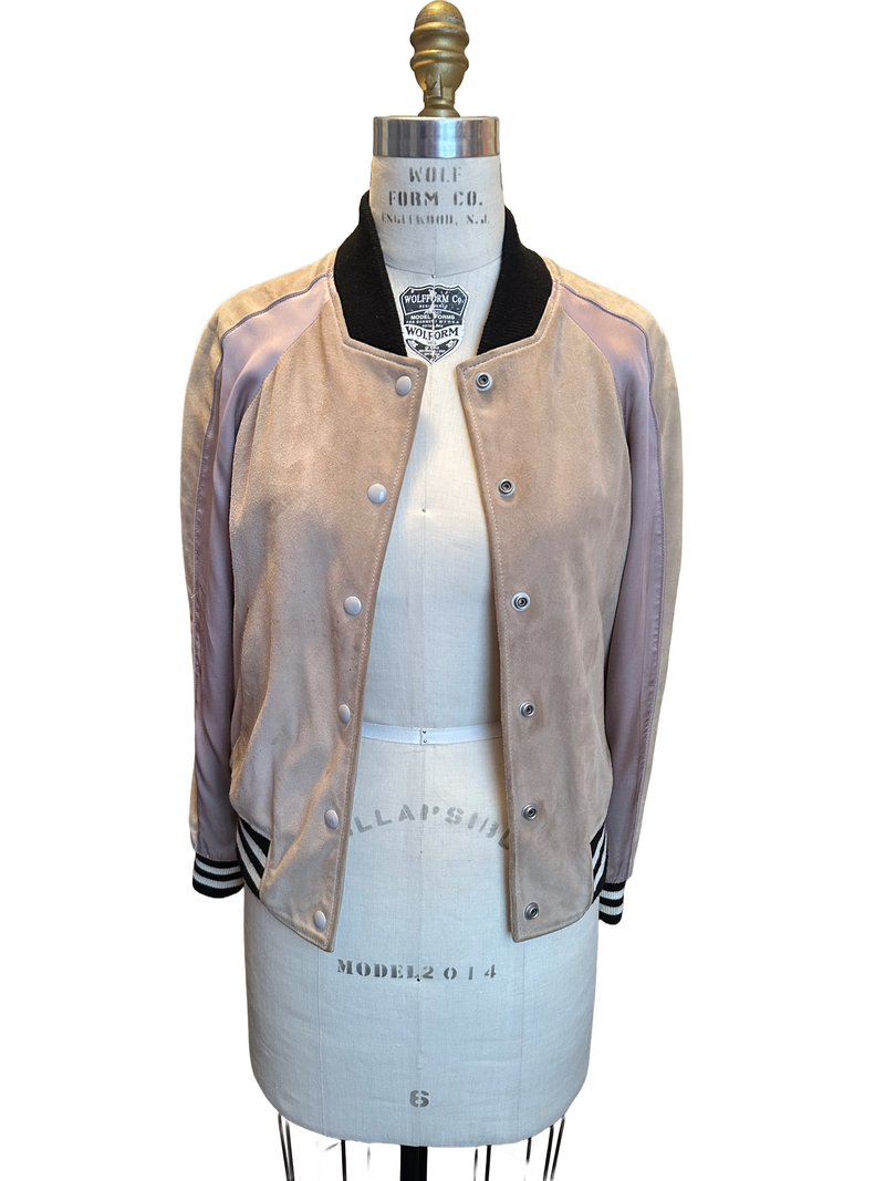 ALL SAINTS Women’s taupe suede & satin panels bomber jacket, S