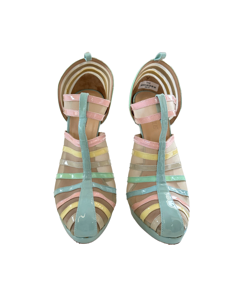 VERSUS Women's pastel patent & nude mesh stilettos, 10