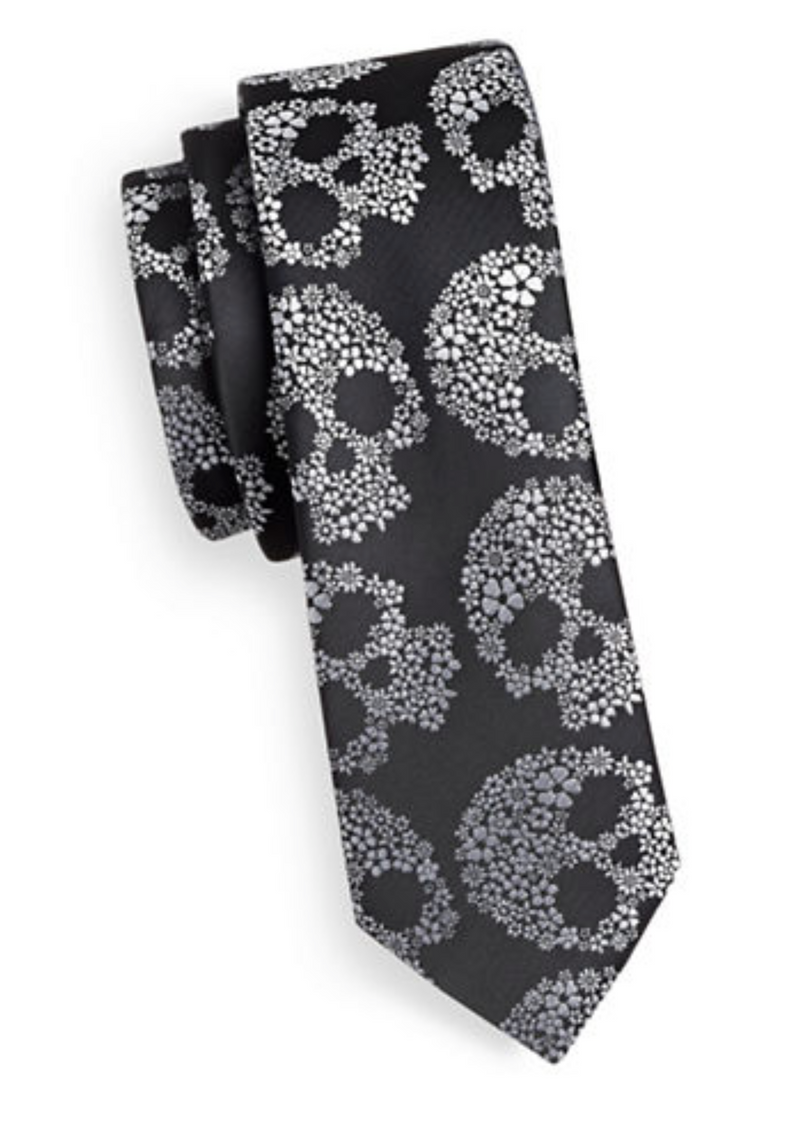 1670 skinny black with silver skull print tie