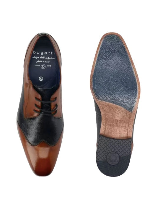NEW BUGATTI Mens Merino cognac/navy leather dress shoe with wing toe cap, 9