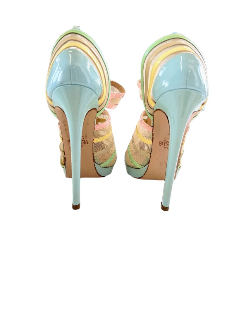VERSUS Women's pastel patent & nude mesh stilettos, 10