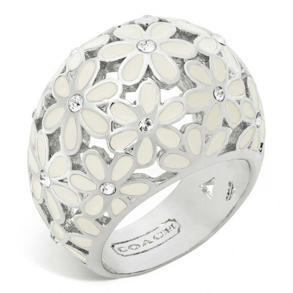COACH Enamel Pave silver white flower domed ring