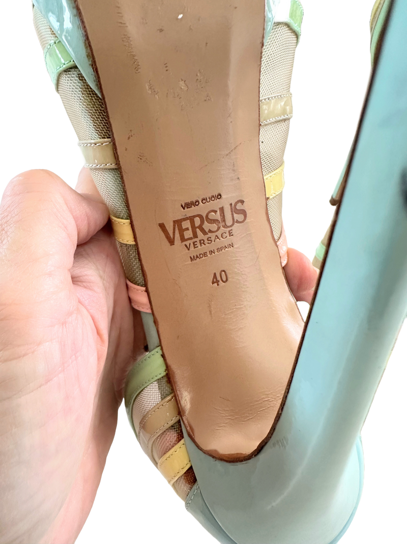 VERSUS Women's pastel patent & nude mesh stilettos, 10