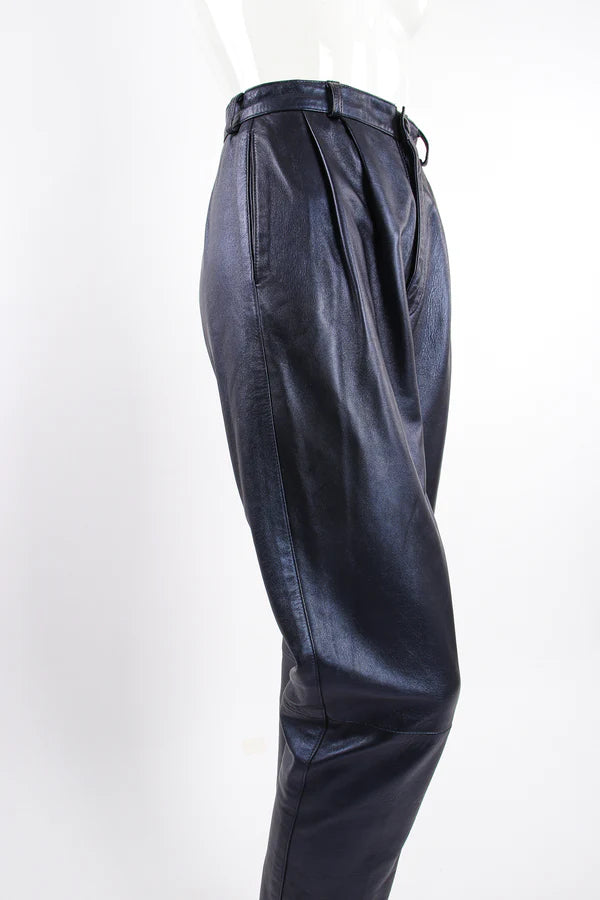 VINTAGE EREZ 80’s Women's black metallic pleated leather pant, 12 31”/28”