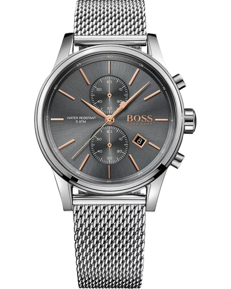 HUGO BOSS Mens silver-tone “Jet Chronograph” gunmetal face watch, 42mm