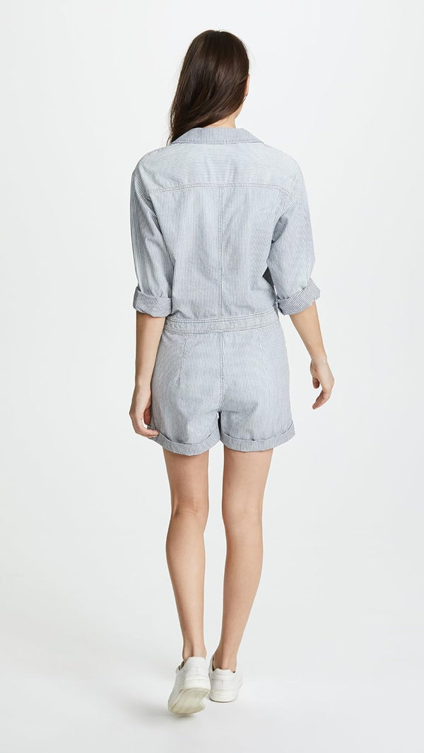 ADRIANO GOLDSCHMIED Women’s chambray blue pinstripe shorts “Rochelle Romper Jumpsuit” w/ center zipper & rolled shorts, S
