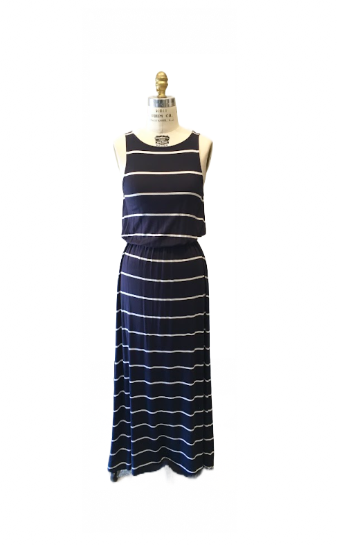 Women’s navy & white striped maxi cotton dress w/ waist elastic