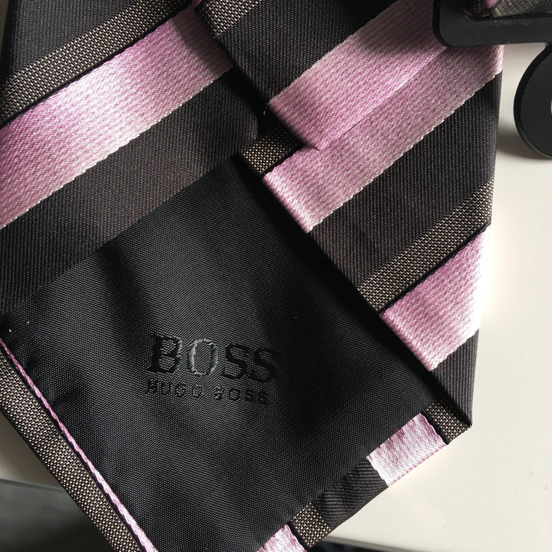 BOSS pink/black/grey stripe silk tie