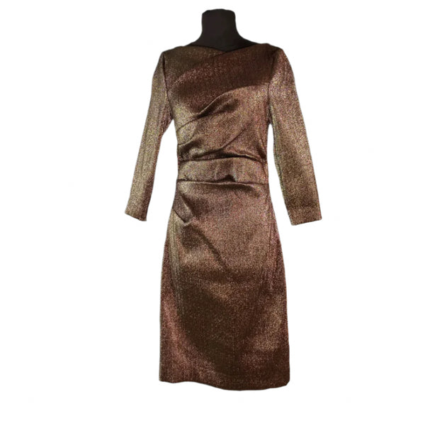 TERI JON Women's iridescent bronze sparkle ruched 3/4 sleeve cocktail shift dress, 8