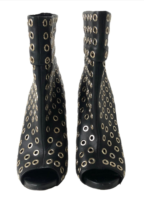 ALDO Women's black w/ gold grommet peep toe ankle boots, 8