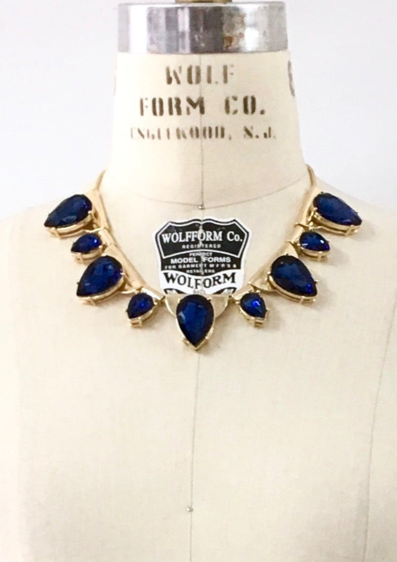 LESLIE DANZIS gold bib necklace w/ almond shaped royal blue gems