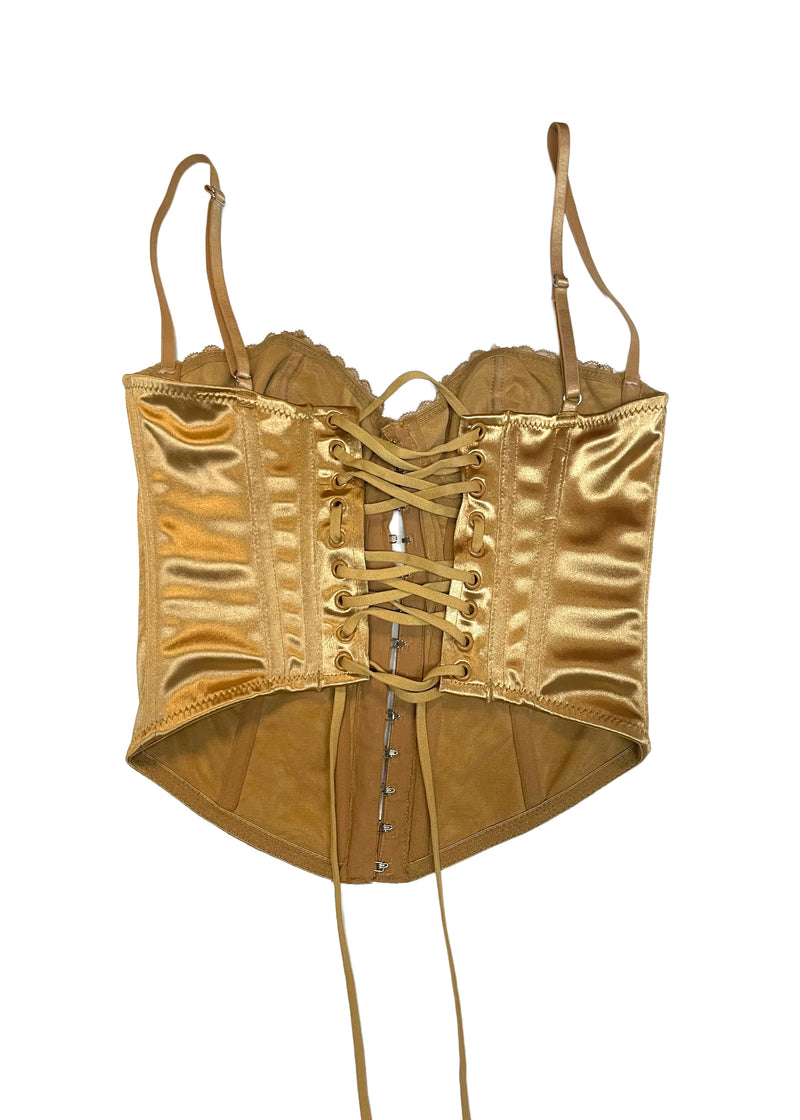 FREE PEOPLE Women's golden satin lycra boned corset w/ underwire cups & hook & eye closure, S