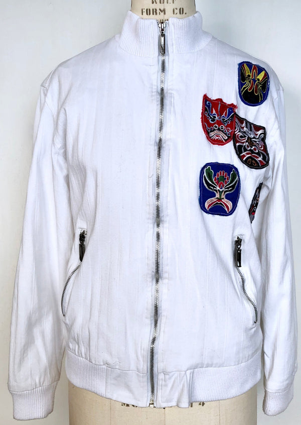 WWSJ WEAR Women's white cotton bomber jacket w/ Kabuki patches and silkscreen on back, XS/S