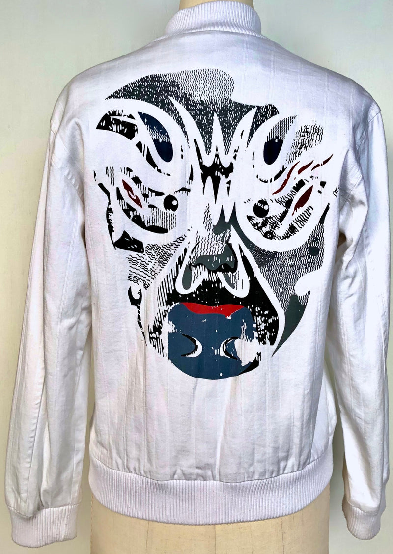 WWSJ WEAR Women's white cotton bomber jacket w/ Kabuki patches and silkscreen on back, XS/S