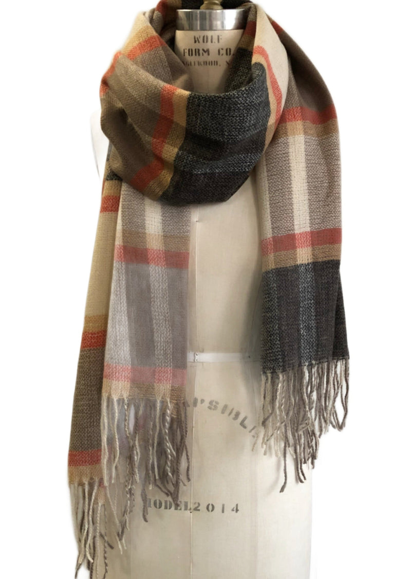 GEORGE sand/cream/orange/taupe acrylic plaid scarf 30" wide approx 78" long