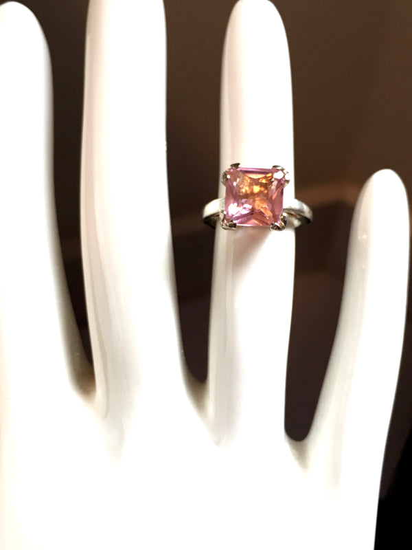 RING big square pink crystal cocktail silvertone ring