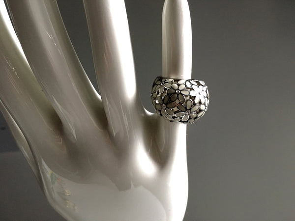 COACH Enamel Pave silver white flower domed ring