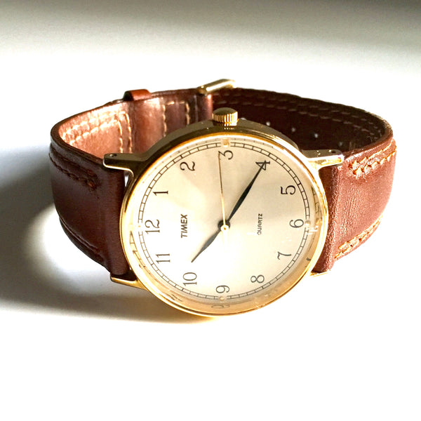 TIMEX Mens classic white face gold watch w/ brown leather strap