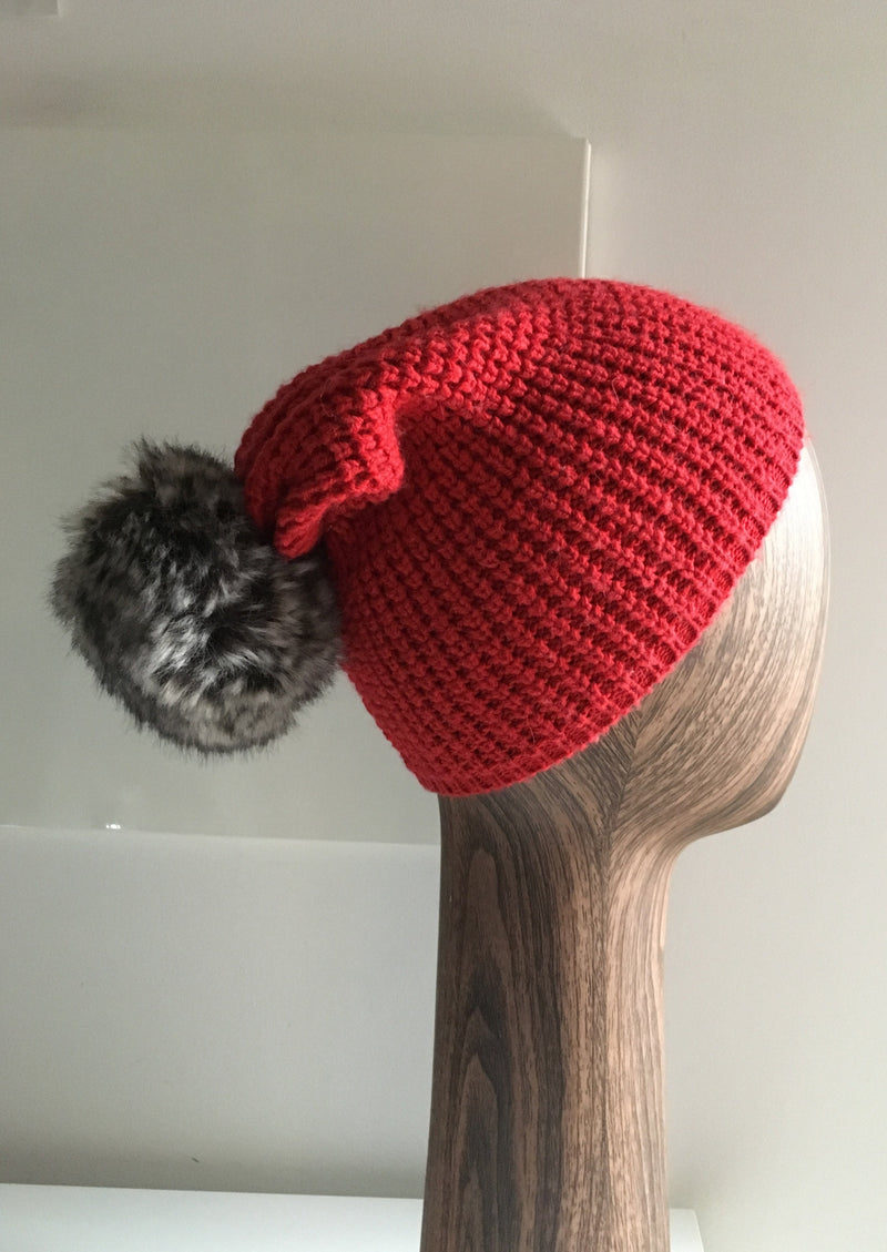 INDIGO red waffle knit toque faux fur pompom