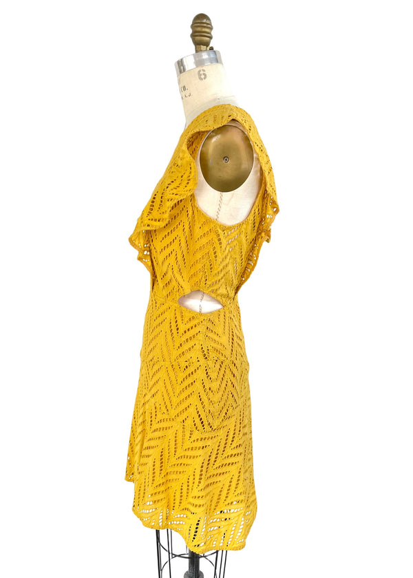 BARDOT Women's mustard cotton lace dress with cutout waist & ruffles, 10/L