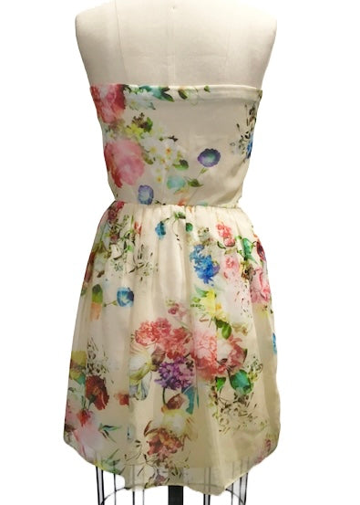 ZARA Women's cream floral chiffon print strapless min dress, S